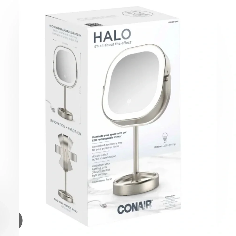 NEW Conair Lighted Halo Square Mirror | 1x/10x Magnification, Touch Light | NIB